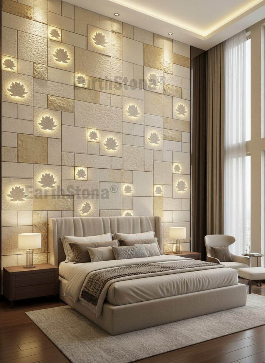 2d Lotus with backlight double height natural stone wall cladding