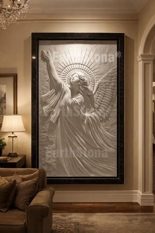 Hand carved angel sandstone wall mural installed on luxury living room feature wall with elegant stone carving