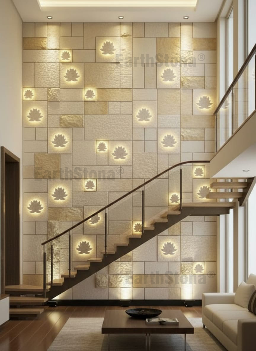2d Lotus with backlight double height natural stone wall cladding