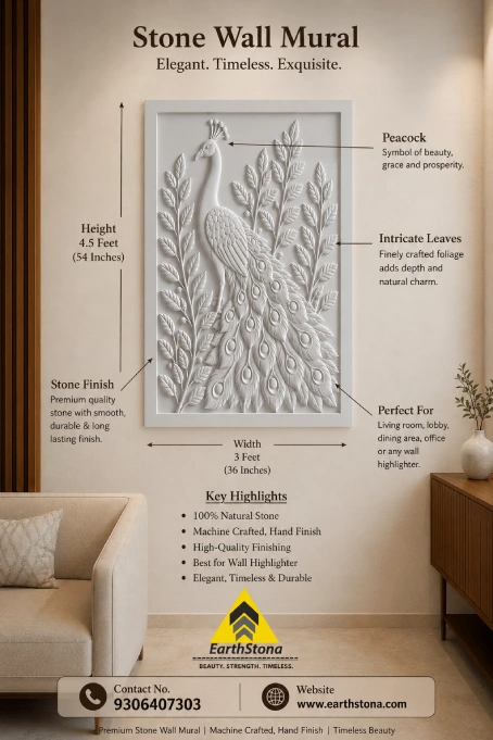 Luxury Peacock Stone Wall Carving Design in Natural Sandstone by EarthStona for Living Room and Lobby Wall Decoration